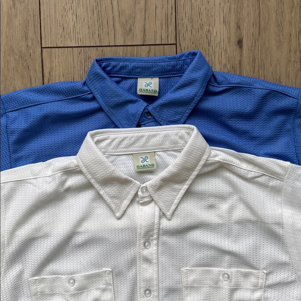 Haband Men’s M Button Down Shirt Lot 2 Short Sleeve Blue White Casual Breathable